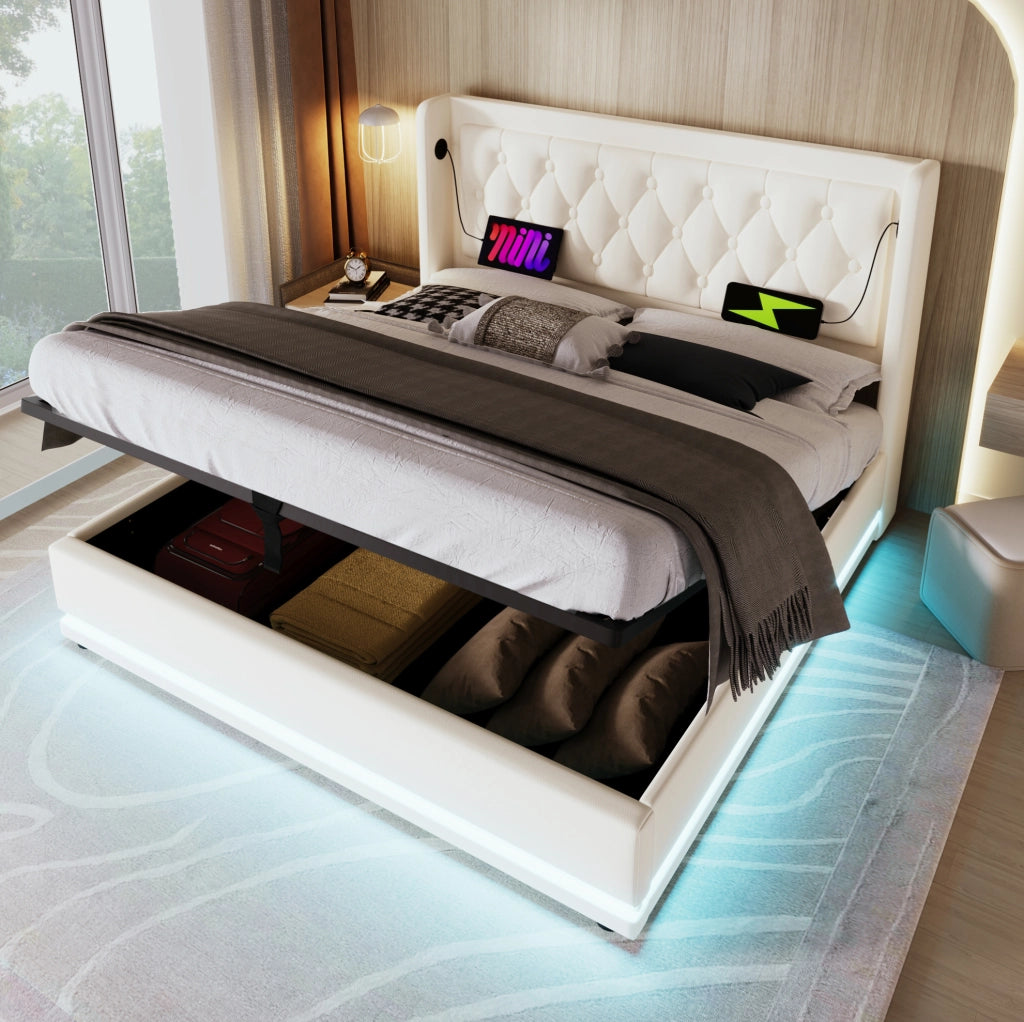 Letto matrimoniale 180x200 cm bianco in PU con contenitore idraulico, LED e ricarica USB-C