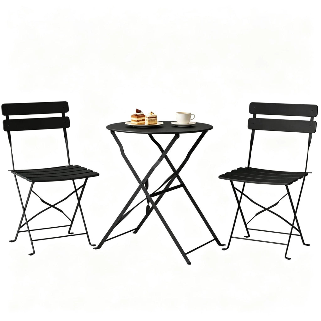 Set bistrot pieghevole da giardino in metallo nero, tavolo Ø58x70 cm, salvaspazio –