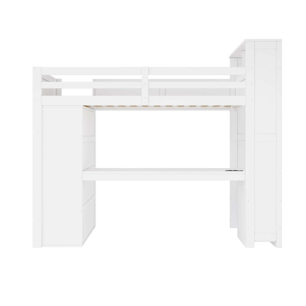 Letto a soppalco 90x200 con scrivania; armadio e illuminazione LED; bianco