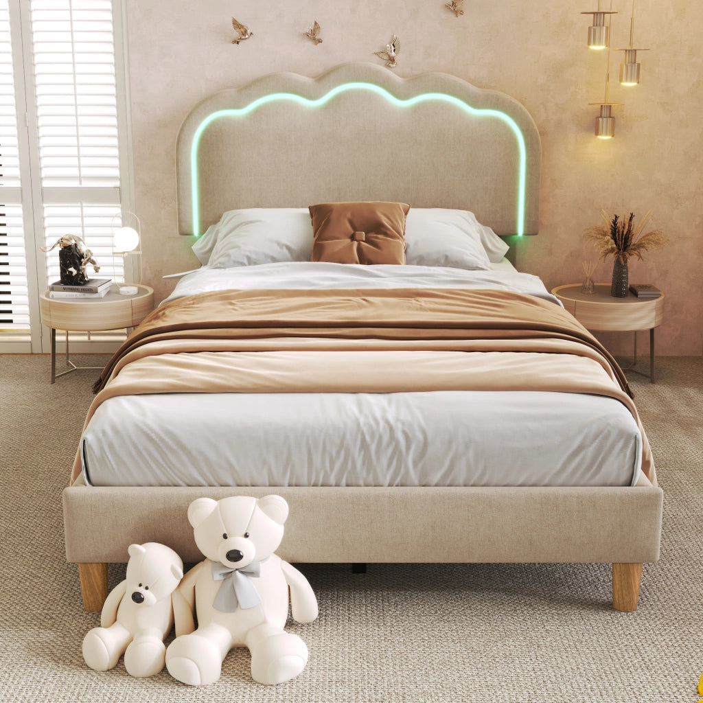 Letto singolo 90 × 200 cm con testiera LED regolabile imbottito in lino beige per camera da letto e ospiti