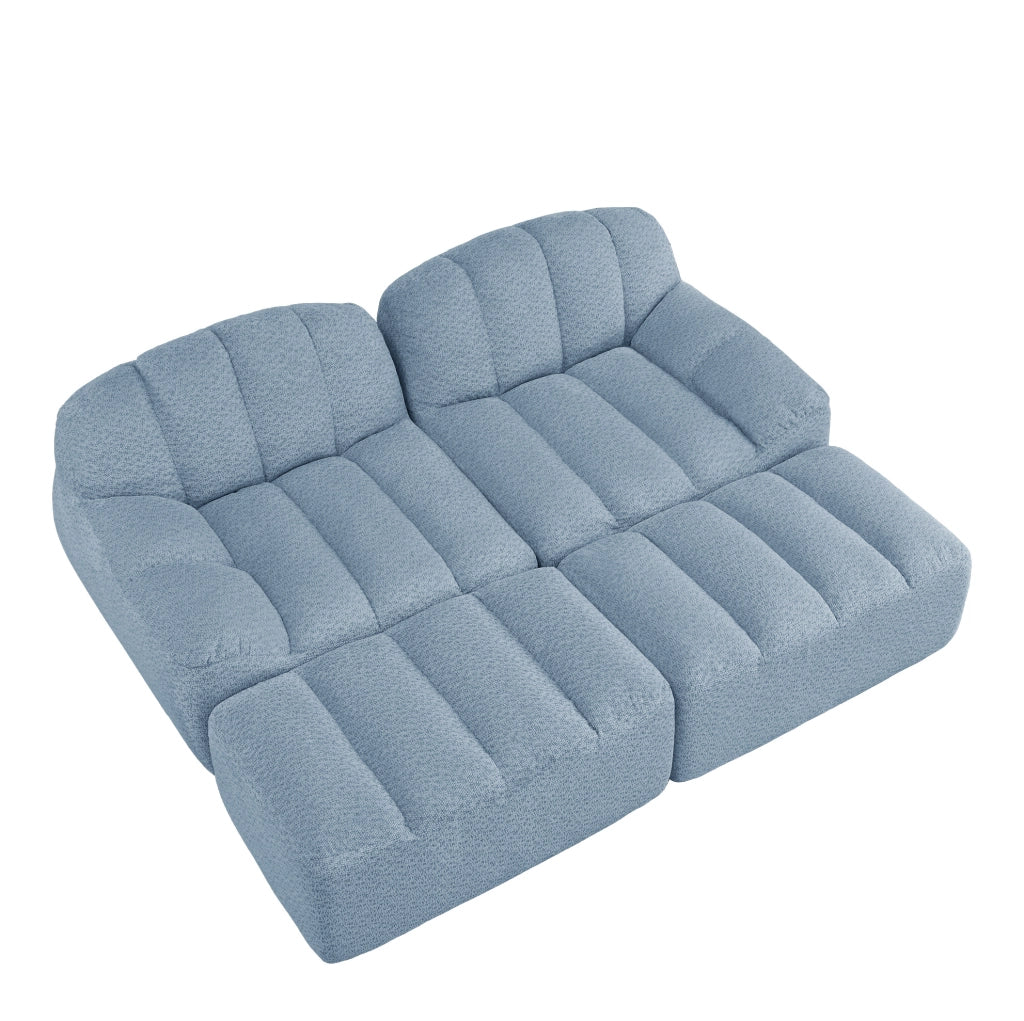 Divano modulare a 2 posti con ottomani in pile granulato blu