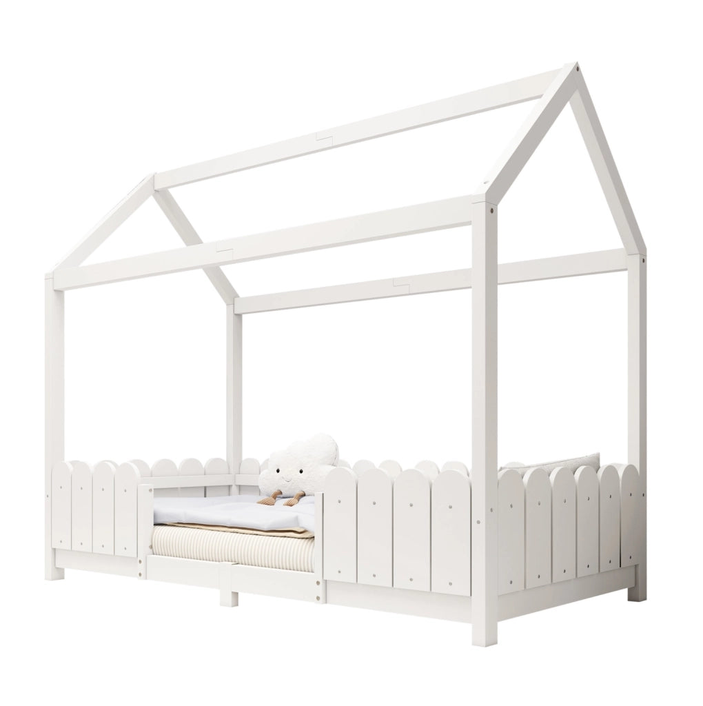 Letto a casetta per bambini 90x200 cm con protezione anticaduta e rete a doghe; legno e MDF bianco