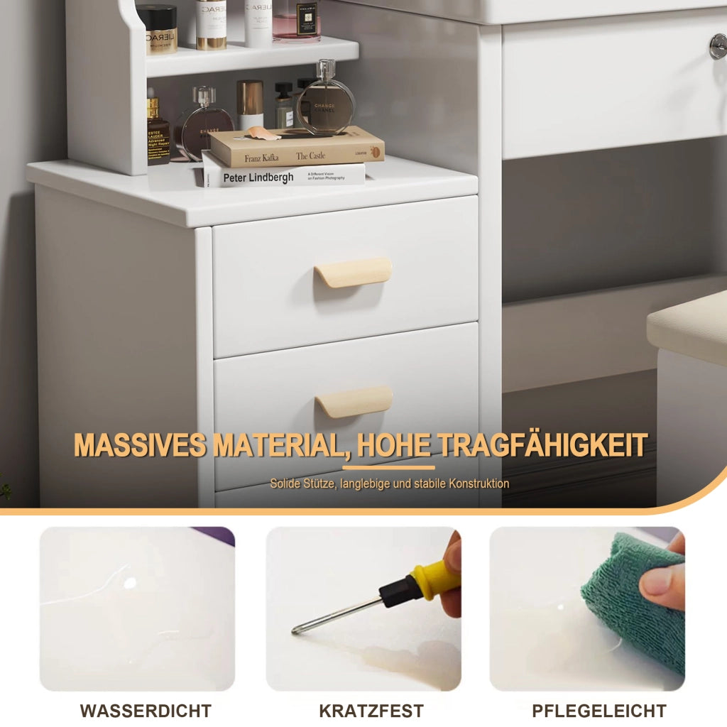 Tavolo da toeletta con specchio LED a 3 modalità, cassetti e ripiani laterali per camera da letto, in MDF, bianco