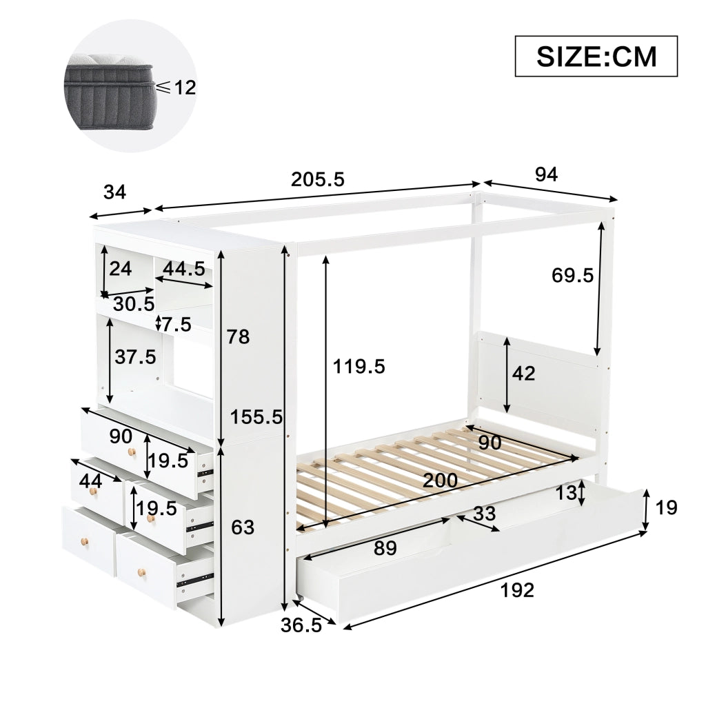 Letto singolo 90 × 200 cm con 5 cassetti e cassetto estraibile in legno bianco con sponde e barra superiore