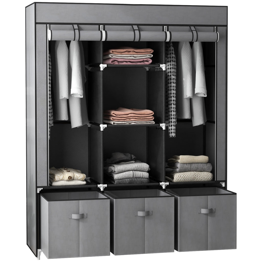 Armadio in Tessuto Pieghevole Grigio Scuro Guardaroba Salvaspazio con Cassetti e Zip 125x43x162.5cm