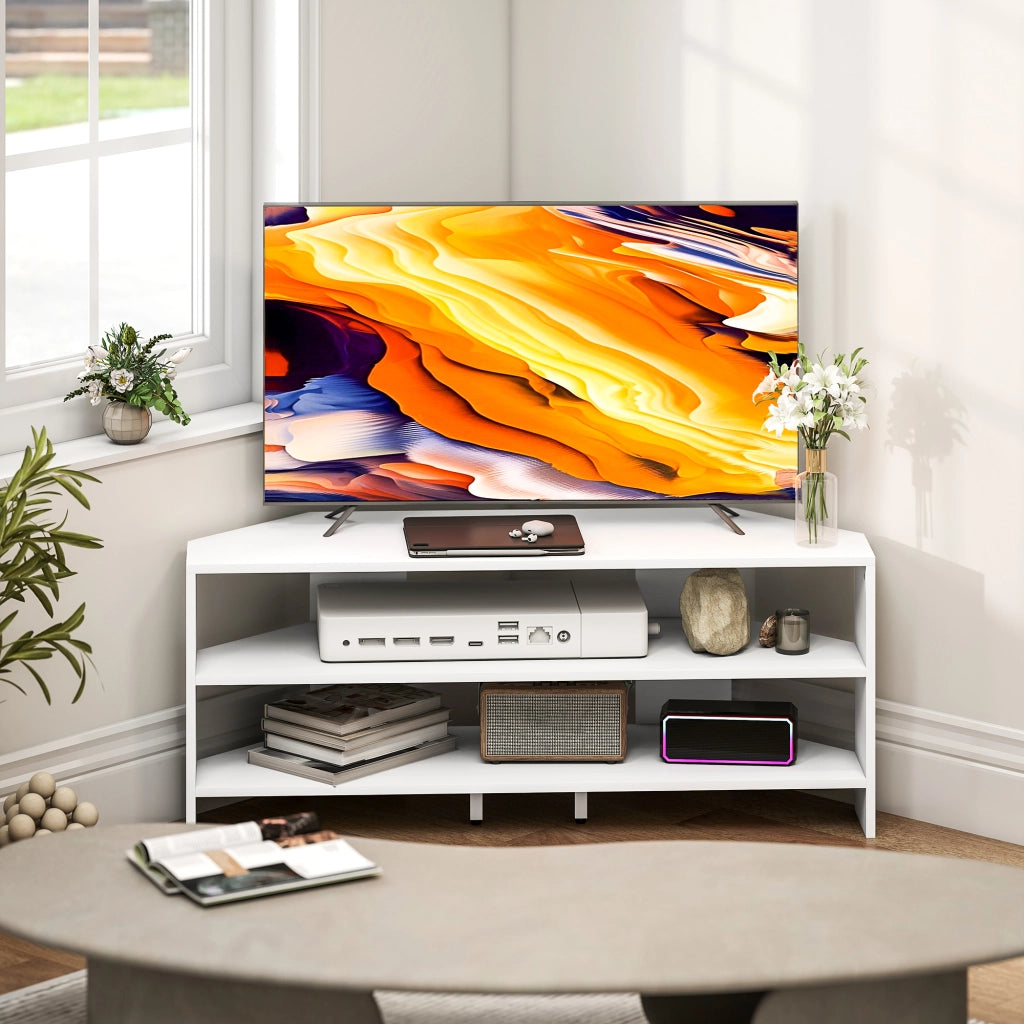 Mobile TV Angolare in Legno con 2 Ripiani Aperti per TV fino a 47 Pollici ¨C zephmum ¨C Bianco 110x36x45 cm