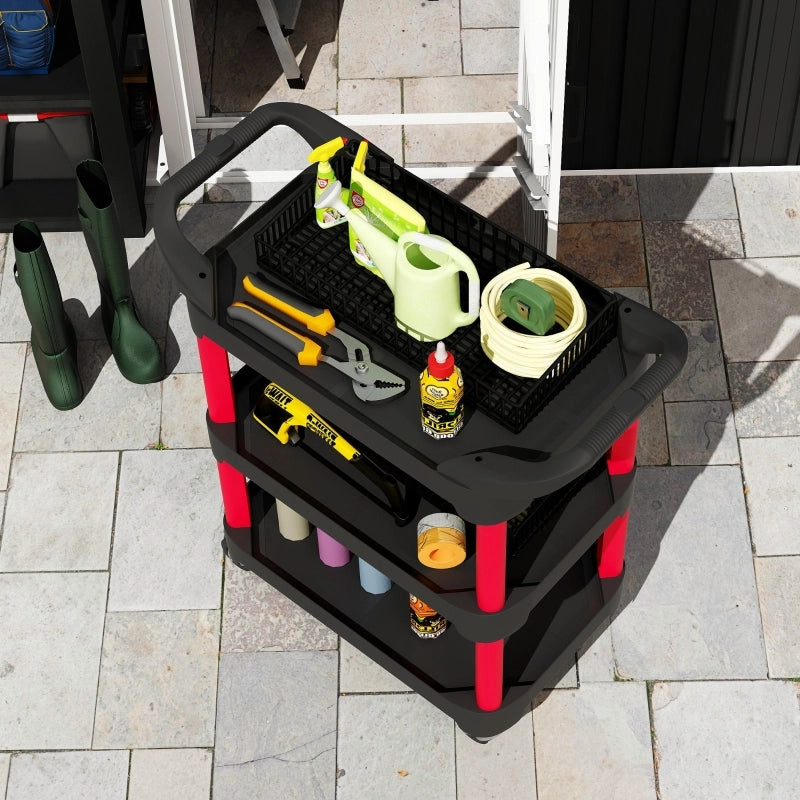 Carrello porta utensili a 3 ripiani con maniglia e ruote, nero, 81 x 43 x 96 cm, portata max 68 kg