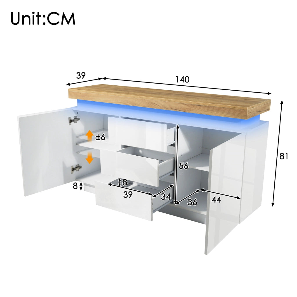 Sideboard bianco lucido con 2 ante, 3 cassetti e illuminazione LED controllabile via app, 81x140x39 cm