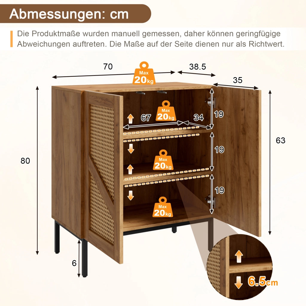 Credenza 70 cm 2 ante con 2 ripiani regolabili in truciolare e rattan PE per soggiorno e ingresso colore naturale