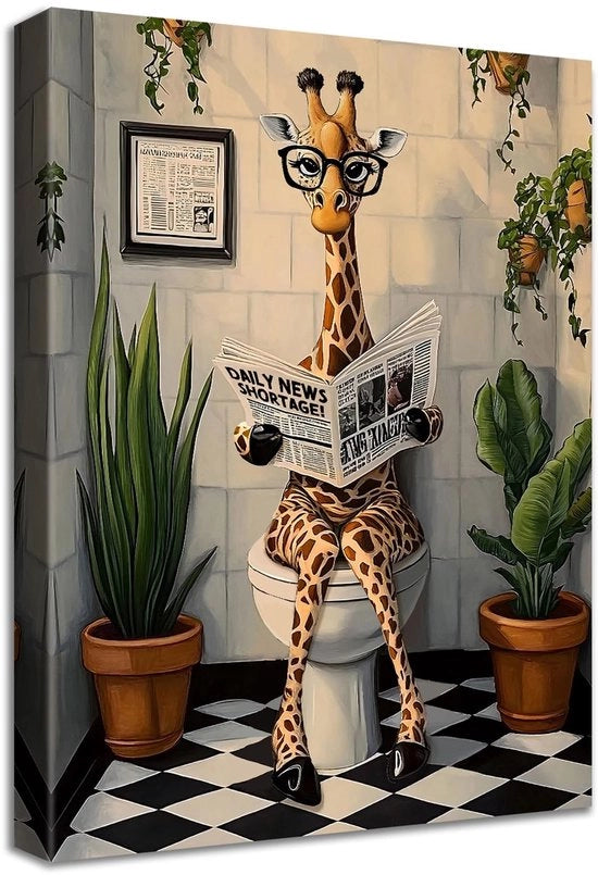 Scheda di decorazione per la camera da bagno con immagine di giraffa su tela - cornice in legno - dimensioni 30 cm x 40 cm - decorazione per la parete.