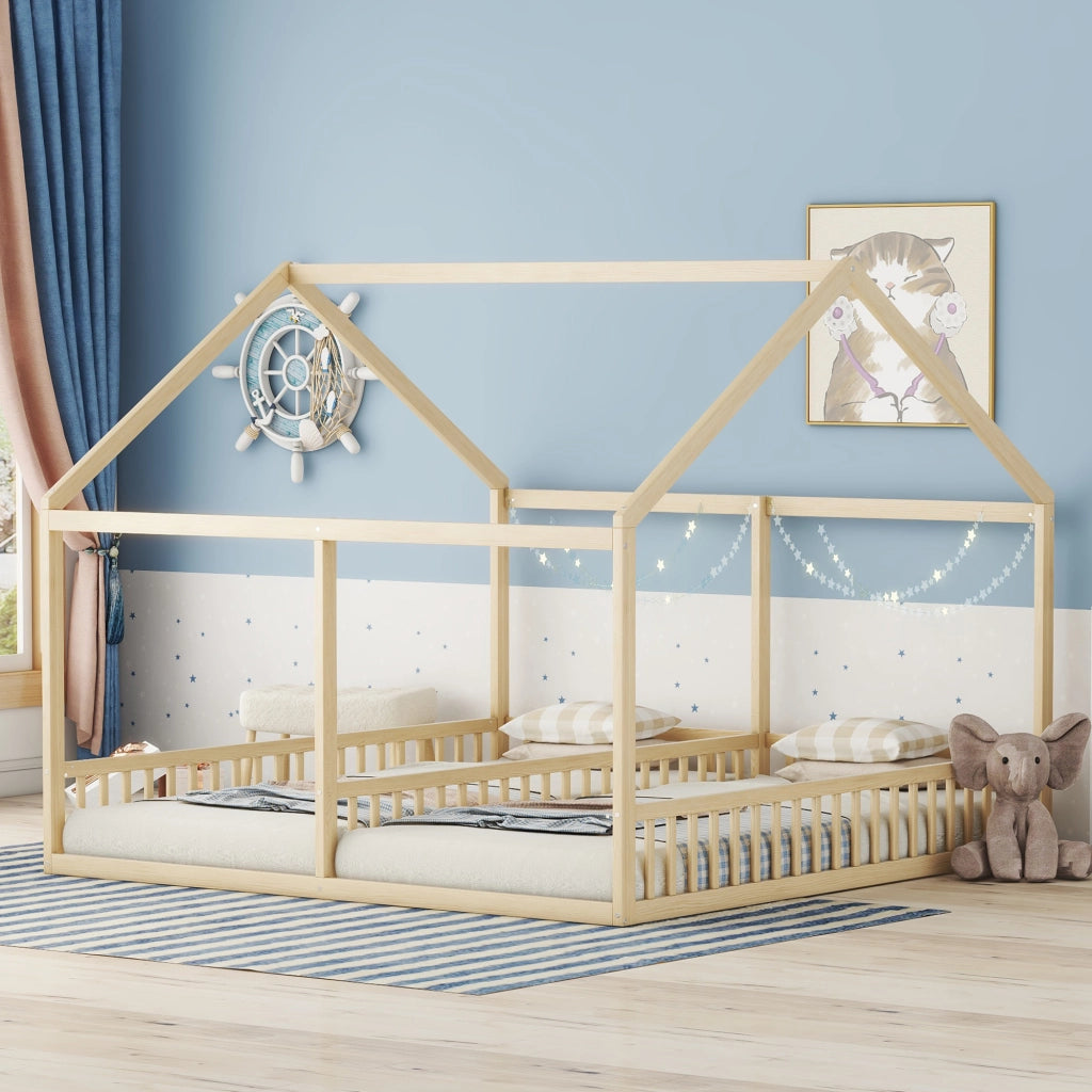 Letto per Bambini 90 x 200 cm - con Sponde; Modello Casa - in Pino e MDF - Naturale