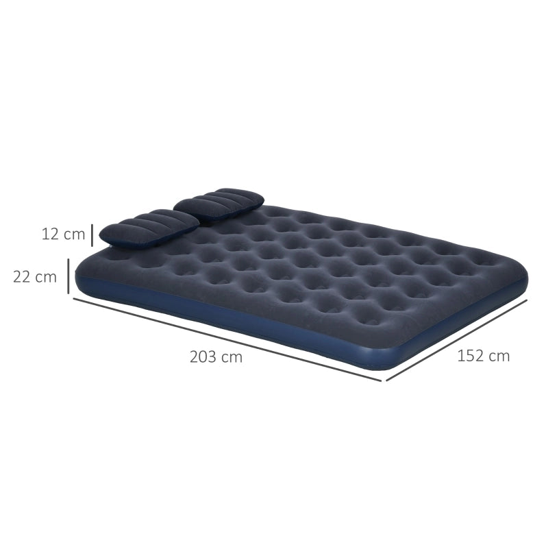 Materasso gonfiabile matrimoniale blu con pompa a mano e cuscini 203x152x22 cm per campeggio e ospiti