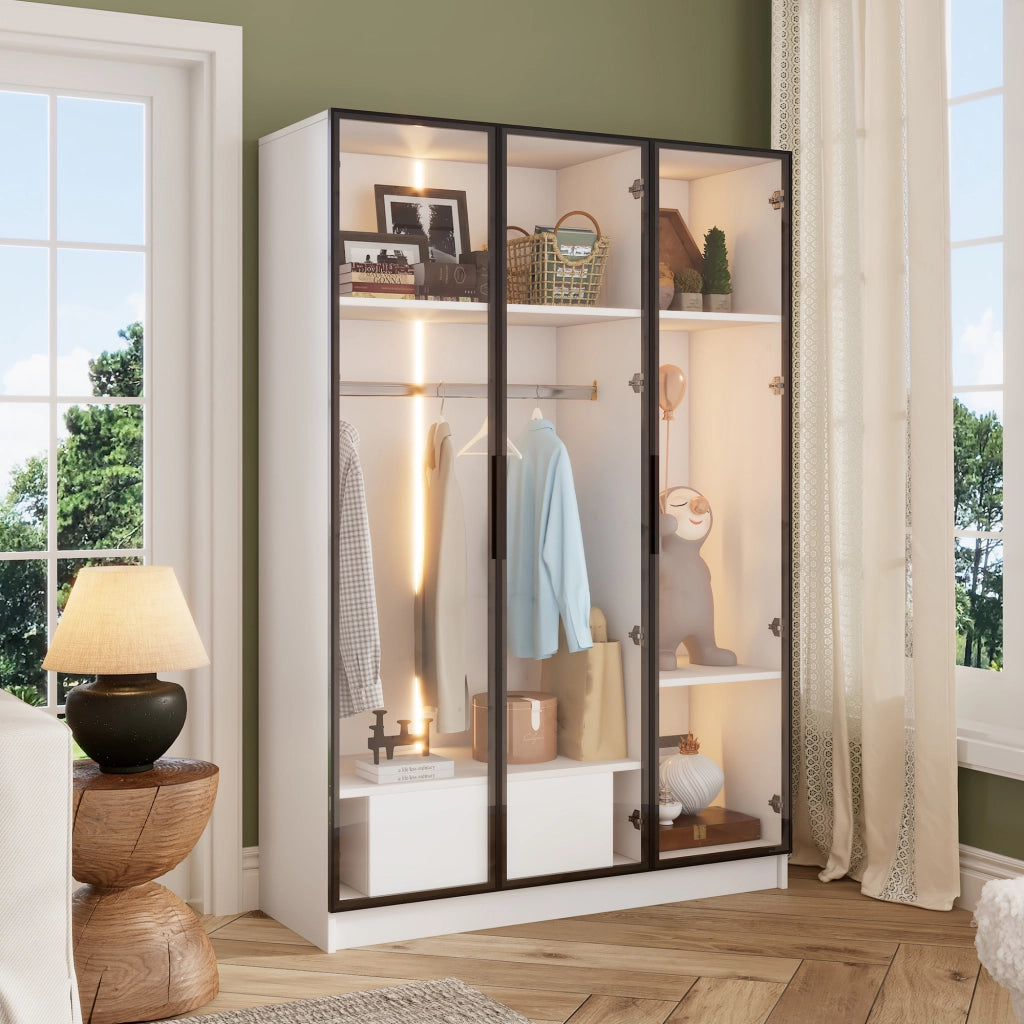 Armadio con 3 ante in vetro LED cassetto vano aperto asta appendiabiti pannello truciolare bianco 110 × 50 × 160 cm