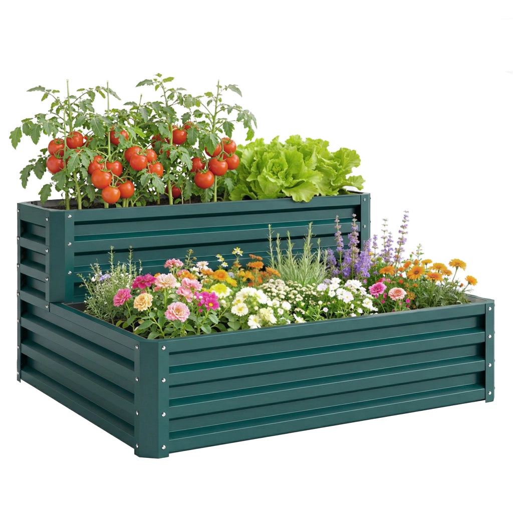 Aiuola rialzata da giardino per orto e fiori, a 2 livelli in acciaio zincato verde, fondo aperto, robusto e resistente, 120 x 101 x 58 cm