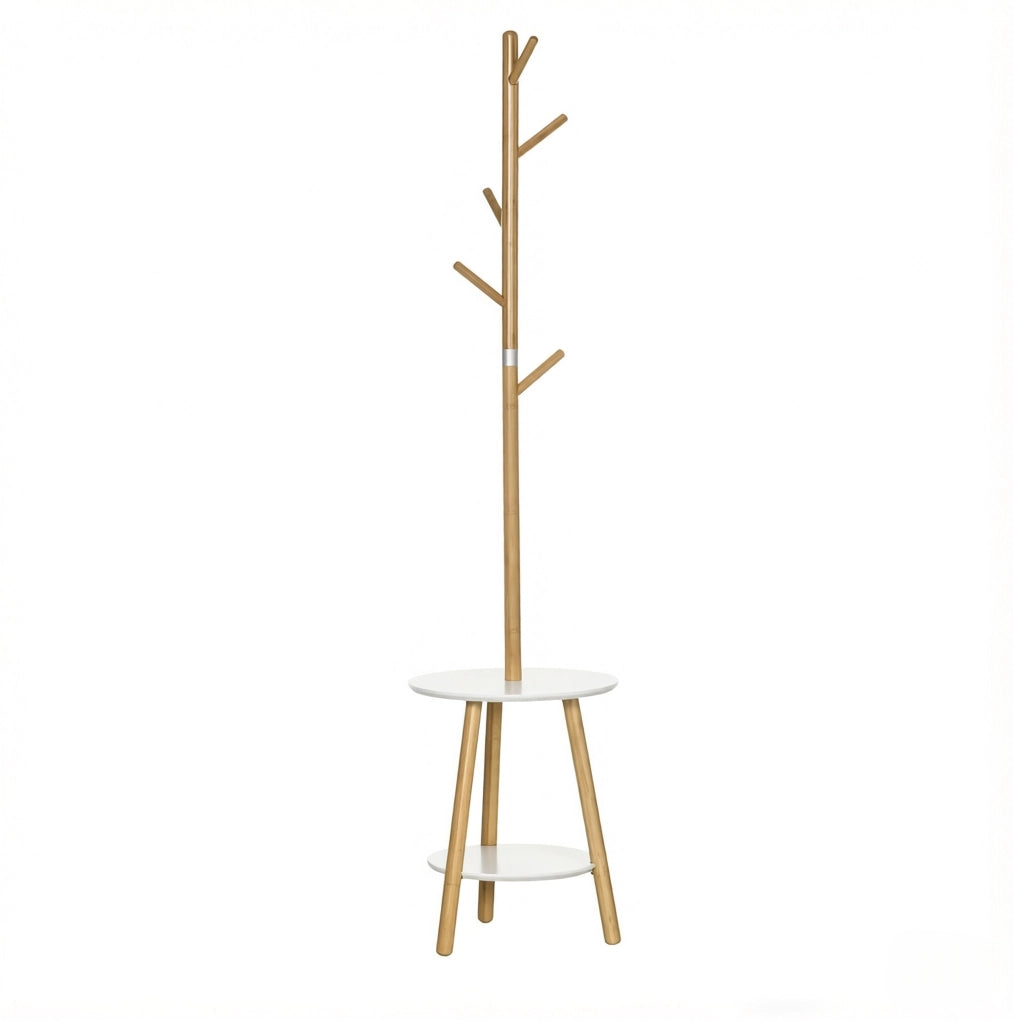 Appendiabiti da terra ULEVR 171 cm con 5 ganci e ripiano rotondo, bamb¨´ naturale e bianco
