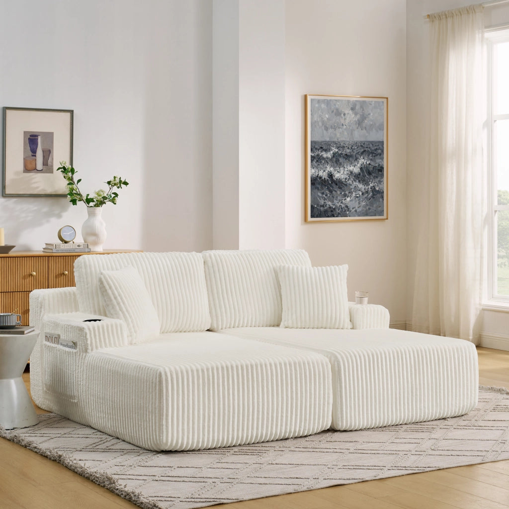 Divano letto 2 posti - con tasca laterale e portabevande - in tessuto a coste beige