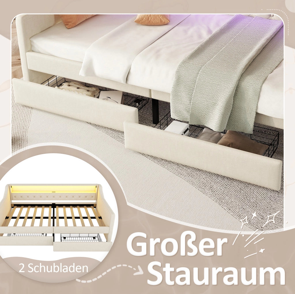LETTO Divano 90x200 cm in lino beige con LED, USB e 2 cassetti