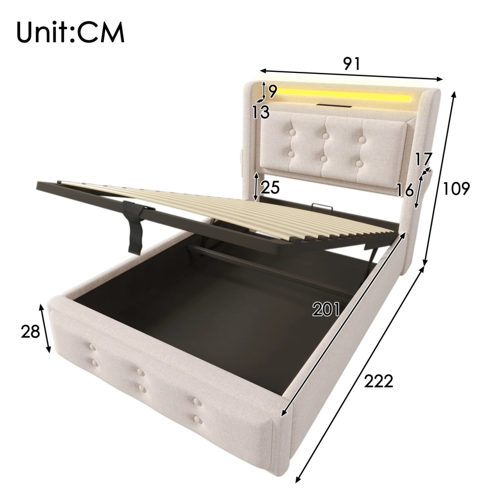 Letto imbottito 90x200 cm con contenitore; LED; prese USB e Type-C; beige
