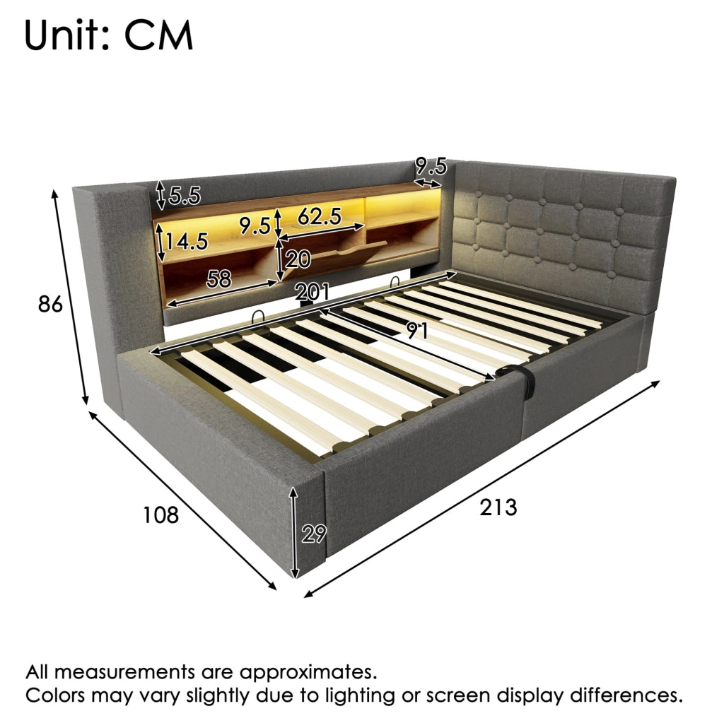 Letto singolo contenitore 90x200 cm con LED e prese USB in lino grigio HOMVRA