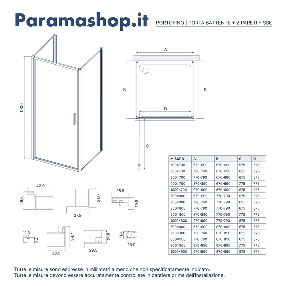 Box doccia 3 lati 90x100x90cm con porta a battente profili oro spazzolato vetro 6mm trasparente anticalcare h190| Portofino