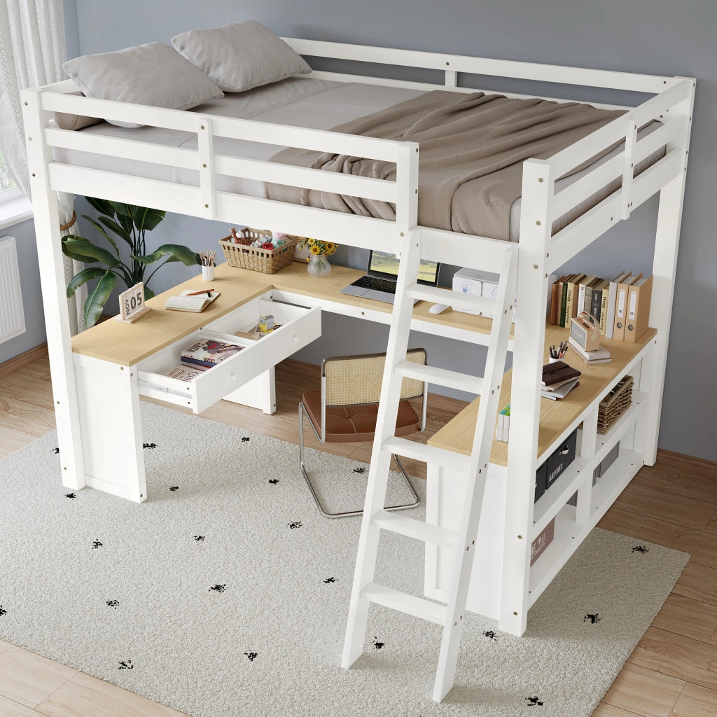 Letto a soppalco per bambini con scrivania a U; pino e MDF; bianco e naturale; letto 140x200 cm