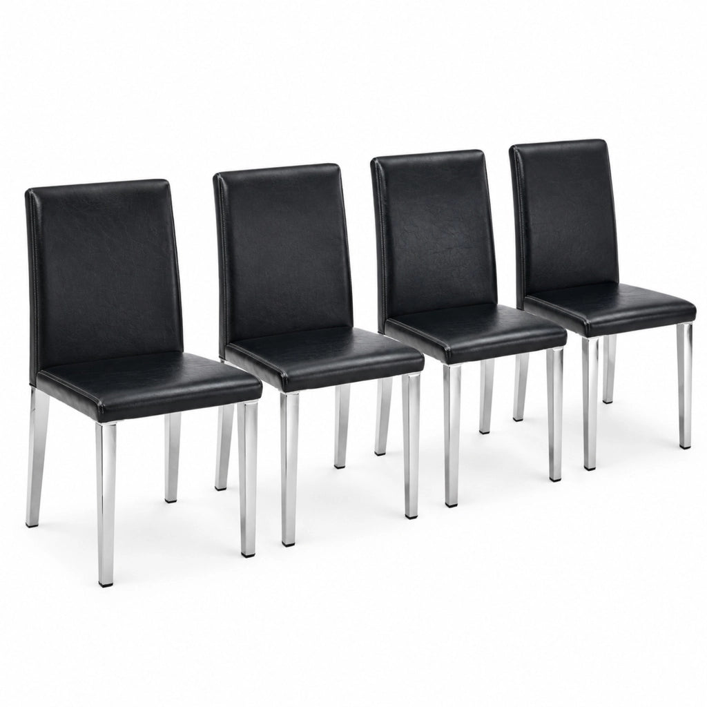 Set di 4 Sedie Minimaliste per Sala da Pranzo con Rivestimento in PU Nero e Gambe in Metallo Argento