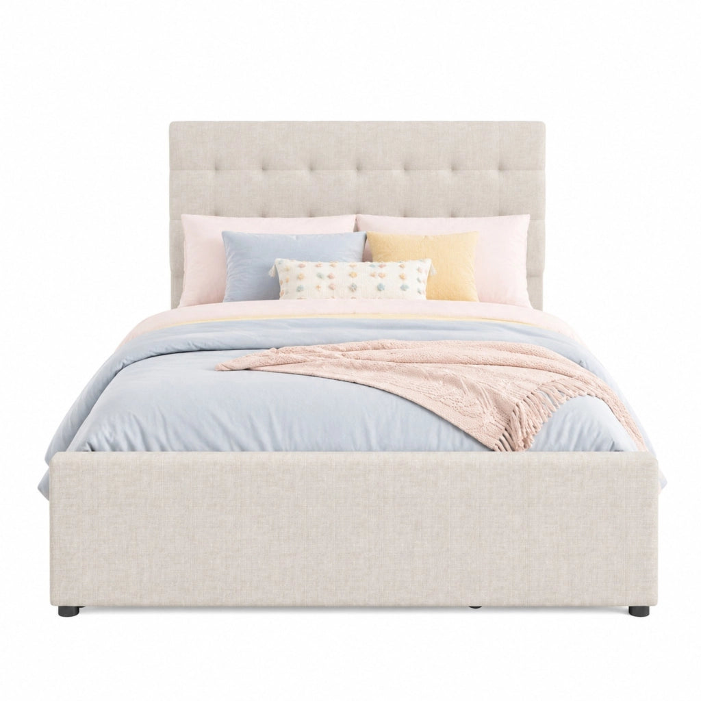 Letto imbottito matrimoniale 140 ¡Á 200 cm estraibile con tre cassetti testiera regolabile beige