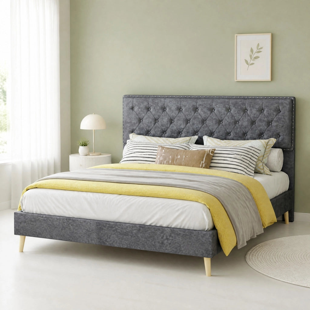 Letto imbottito 140 × 200 cm con testiera alta rivestito in velluto olandese grigio con rete a doghe
