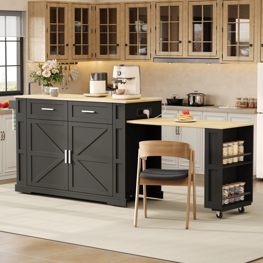 Mobile base da cucina con piano estraibile prese USB cassetti ruote e ripiano regolabile MDF nero naturale