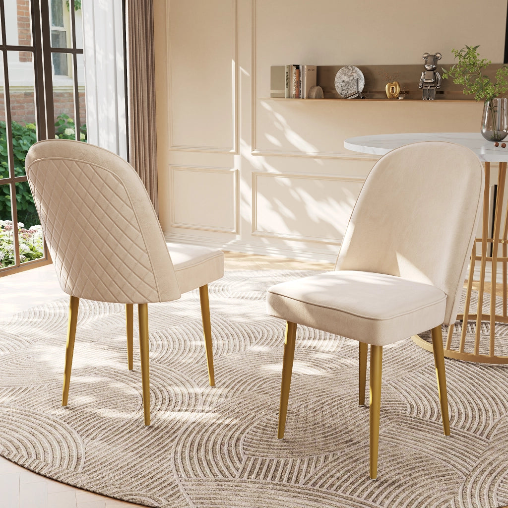 Set di 4 sedie da pranzo in velluto beige con seduta imbottita e piedi in metallo dorato per sala da pranzo