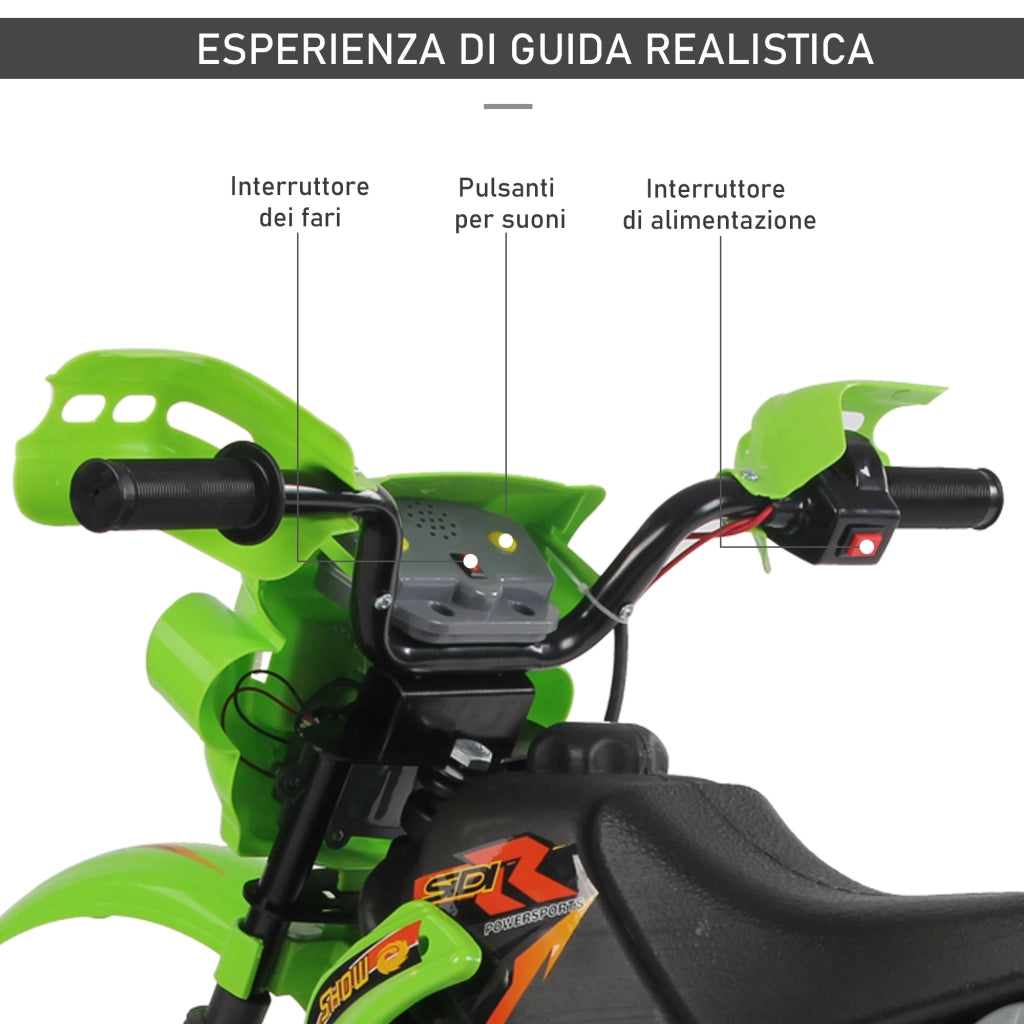 Moto Elettrica per Bambini 3 anni e Pi¨´, Moto Cross Elettrica con Rotelle, Batteria 6V Velocit¨¤ 2.5km/h, 102 x 53 x 66cm, Verde