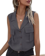 Blusa per donne con collo a V e disegno senza maniche