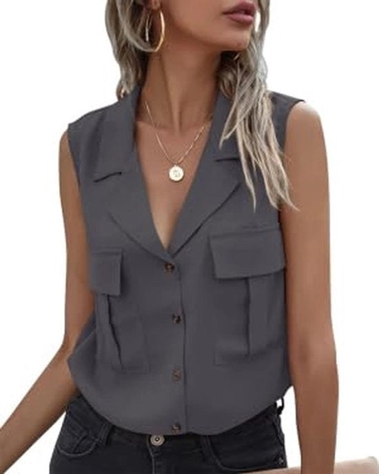 Blusa per donne con collo a V e disegno senza maniche