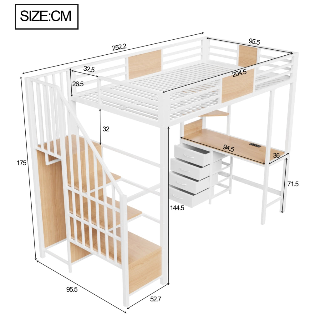 Letto a soppalco 90x200 cm bianco in metallo con scrivania, LED e presa