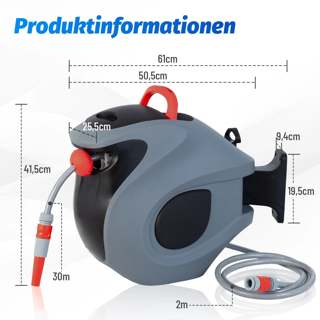 Avvolgitubo Automatico Da 30 m Con Ugello A 9 Getti E Supporto Orientabile 180 Gradi Grigio