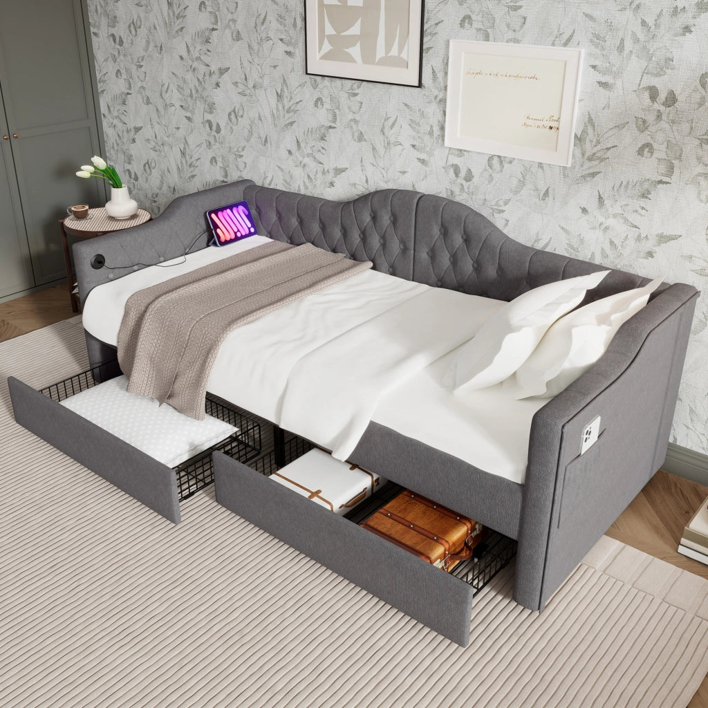 Letto imbottito grigio 90x200 cm con USB Type-C e 2 cassetti