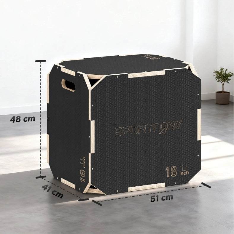 Plyo Box in compensato con angoli arrotondati, altezza regolabile, maniglie laterali, superficie antiscivolo, colore nero
