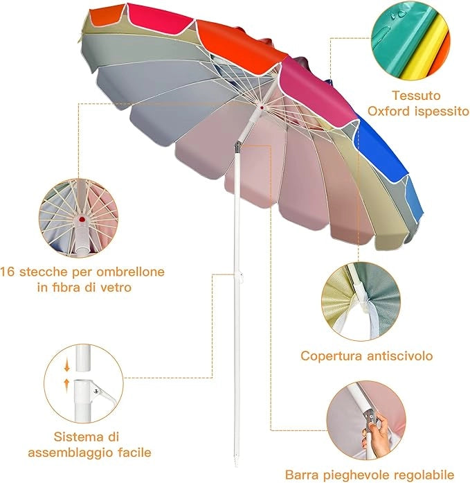 Ombrellone da Spiaggia 2,43 m, Ombrellone Portatile da Esterno con Borsa di Trasporto, con Protezione Solare, Ideale per Spiaggia, Balcone, Giardino（Colorato)