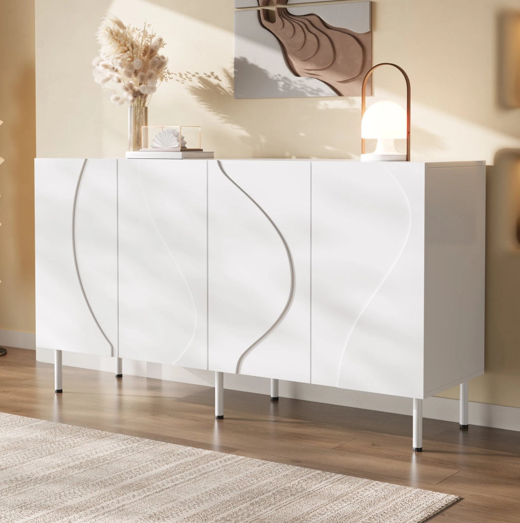 Sideboard moderno 140x40x77;5 cm con 4 ante; push-to-open; MDF e PB; bianco