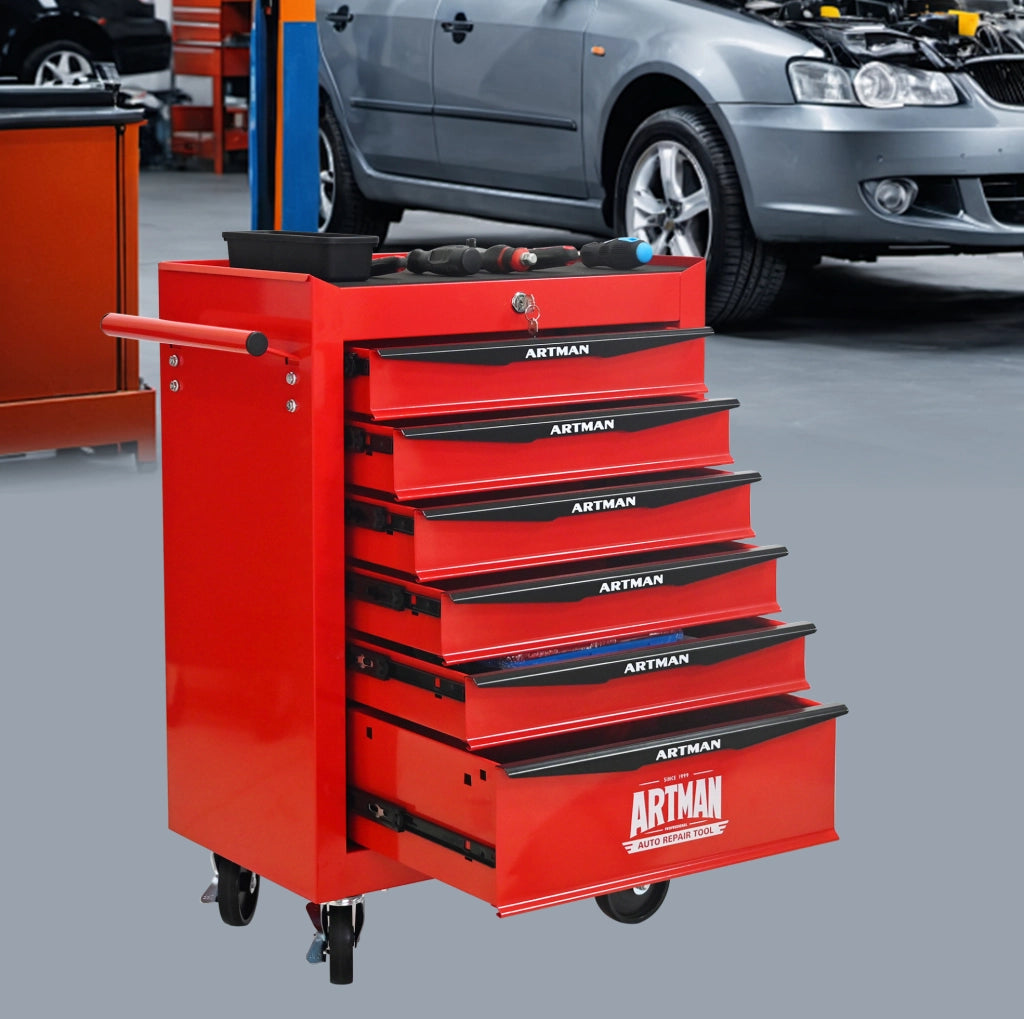 Carrello porta attrezzi in acciaio con 6 cassetti e ruote, 60x33x77,5 cm, rosso e nero