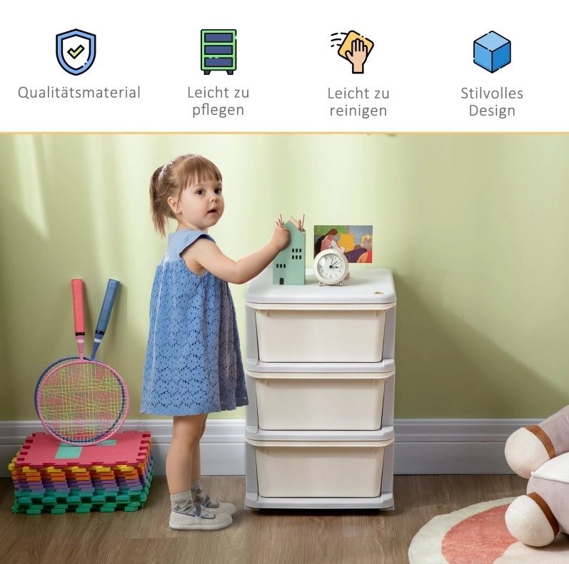 Mobile contenitore per bambini con 3 cassetti e seduta, crema