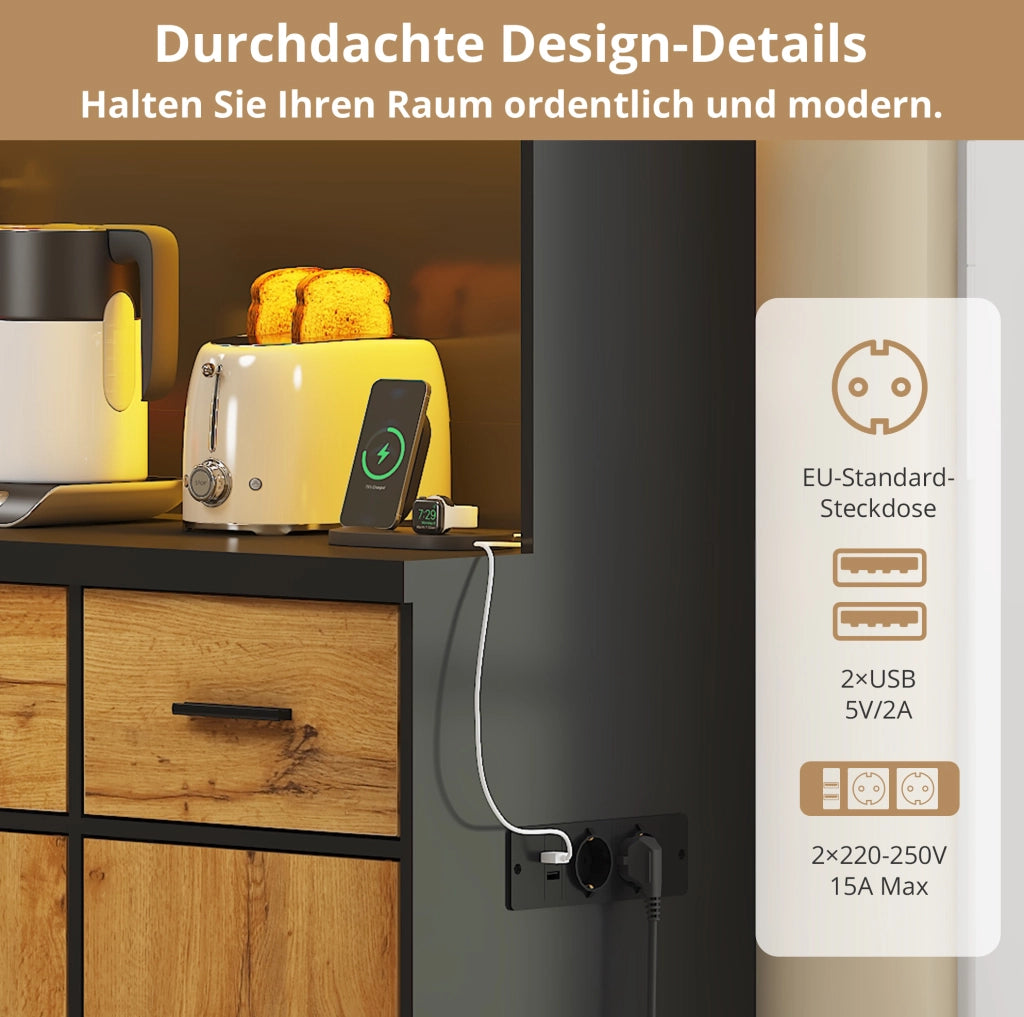 Mobile da cucina con LED, prese USB, cassetti e ripiani regolabili