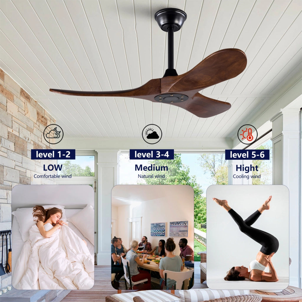 Ventilatore da soffitto senza luce con 3 pale in legno motore DC reversibile con telecomando nero e noce scuro