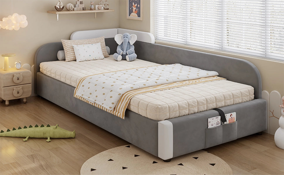 Letto singolo contenitore 90x200 cm in velluto grigio e bianco; sollevamento idraulico e sponda destra per cameretta