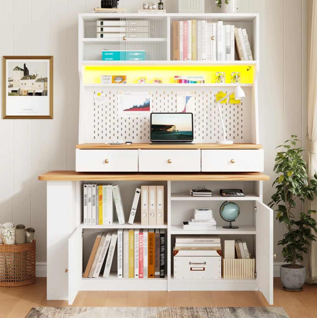 Küchenbuffet mit LED, Schiebetür und ausziehbarer Arbeitsplatte, Weiß, 137 x 45 x 178 cm