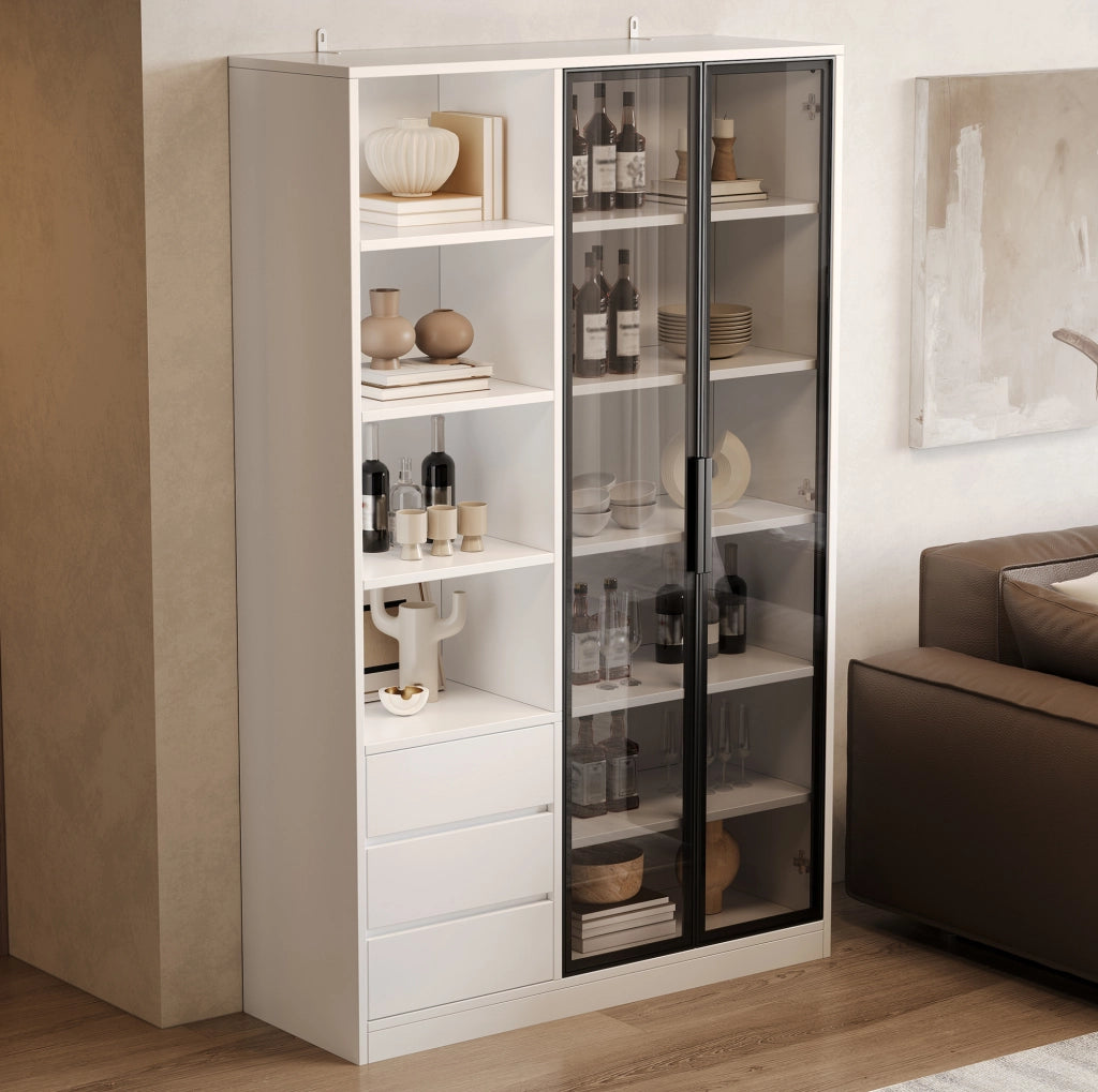 Vetrina 100x35x160 cm bianca in MDF e truciolare con LED e cassetti