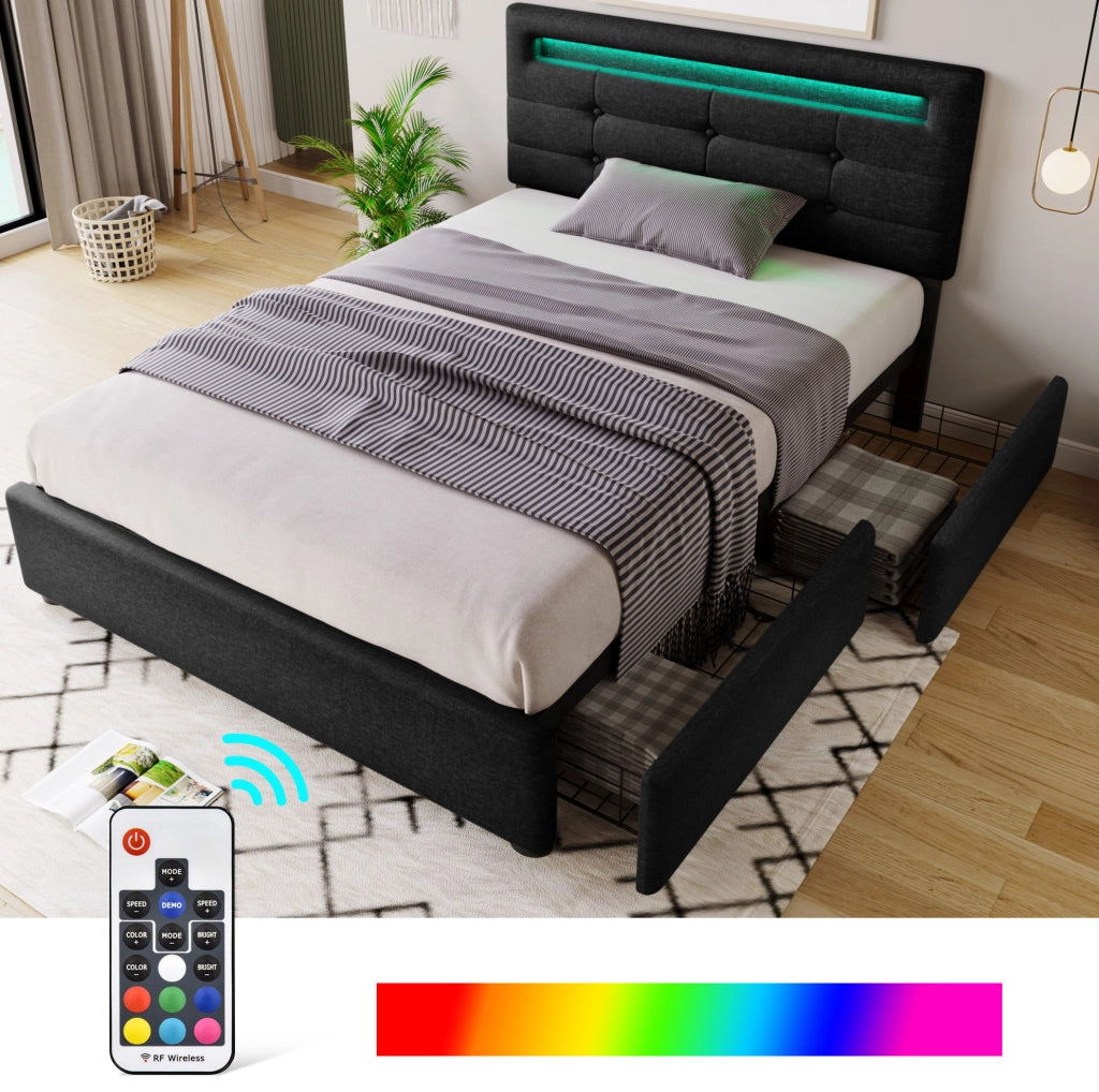 Letto singolo imbottito 90x200 cm con testiera regolabile, LED integrati e 2 cassetti - Grigio
