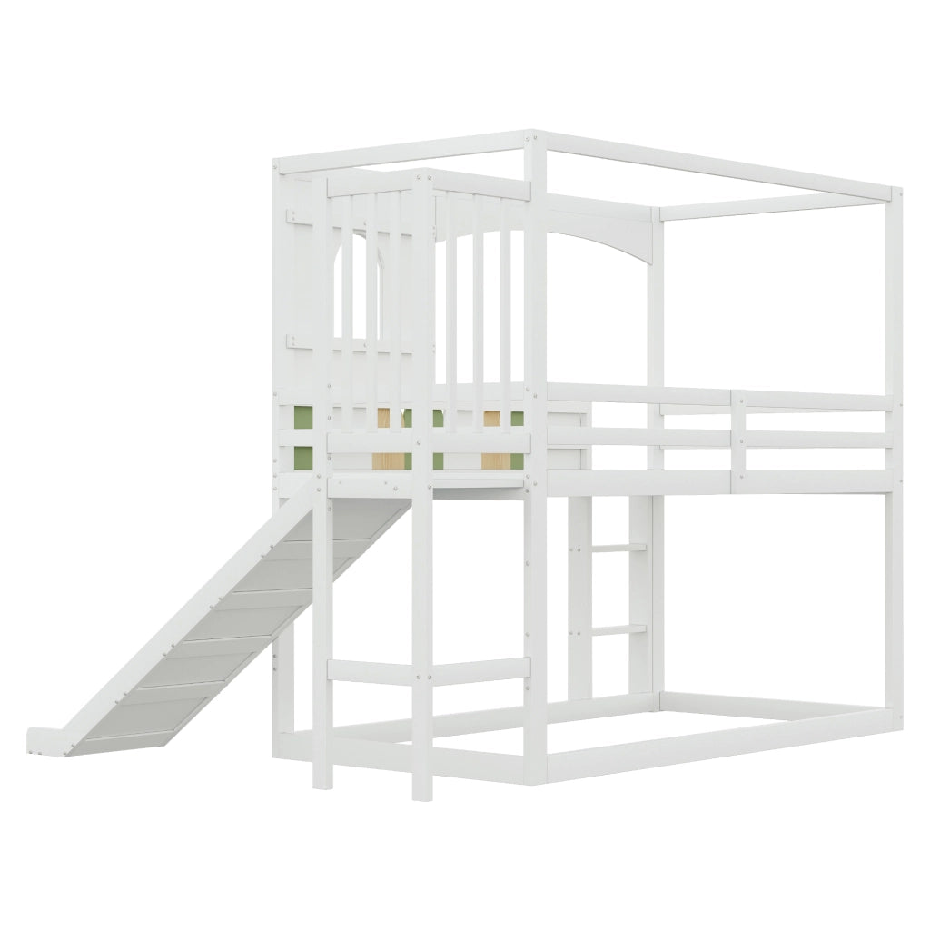 Letto a soppalco a casetta 90x200 cm bianco con finestre; scivolo e scala