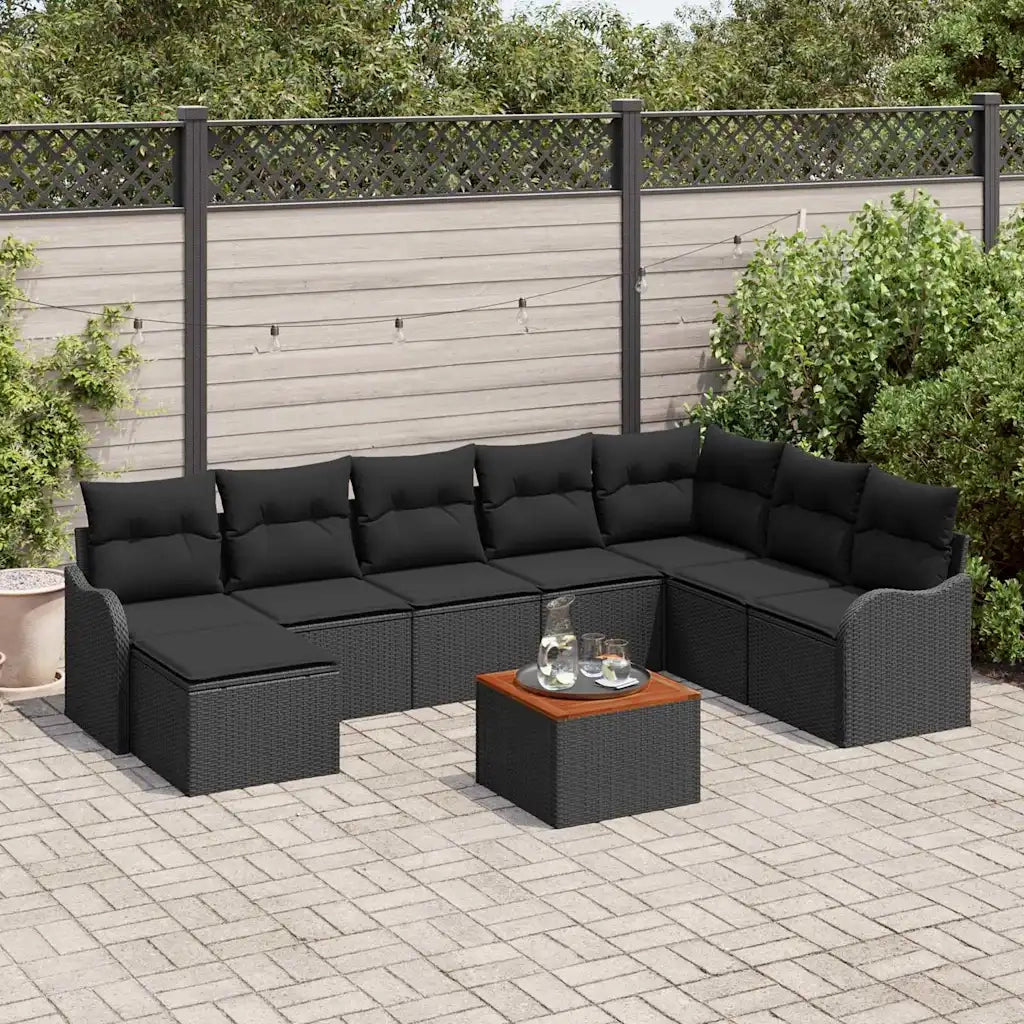 Set Divano da Giardino con cuscino 9 pcs Nero polyrattan