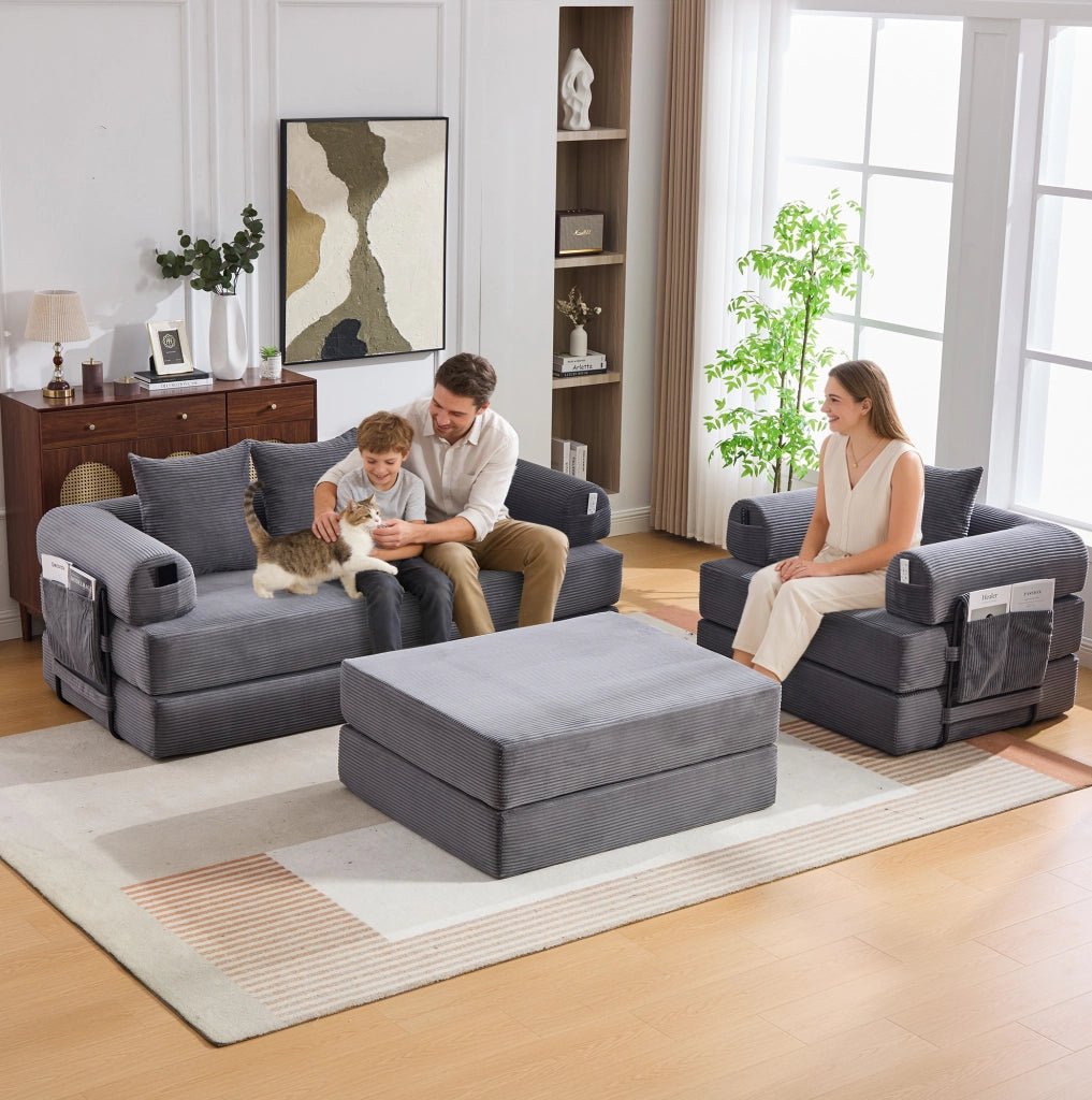 Divano modulare in velluto a coste con poltrona e pouf grigio scuro